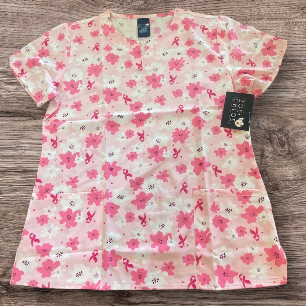 NEW Zoe & Chloe Breast Cancer Awareness Scrub Top - Size Medium